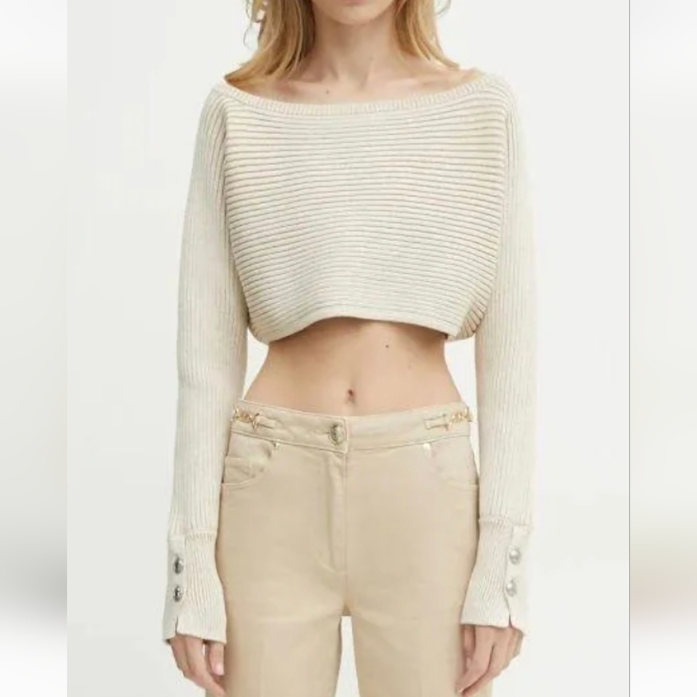 Cream Guess Rosalia Cropped Ribbed Sweater- SZ M